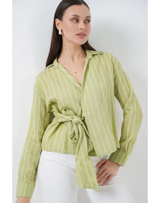 Önü Bağlamalı Çizgili Gömlek 20362 - E.Yeşil