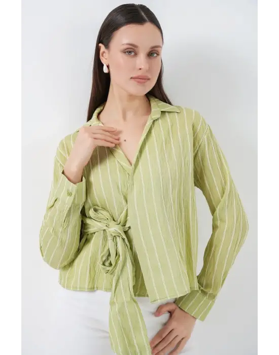 Önü Bağlamalı Çizgili Gömlek 20362 - E.Yeşil