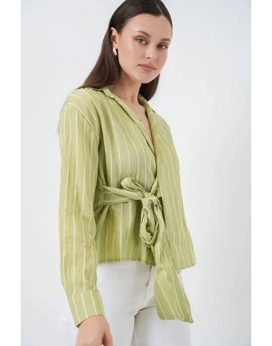 Önü Bağlamalı Çizgili Gömlek 20362 - E.Yeşil