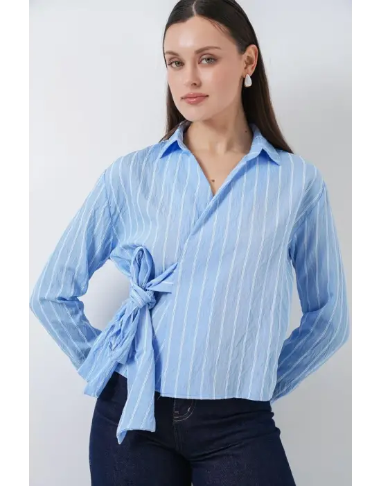 Önü Bağlamalı Çizgili Gömlek 20362 - Mavi