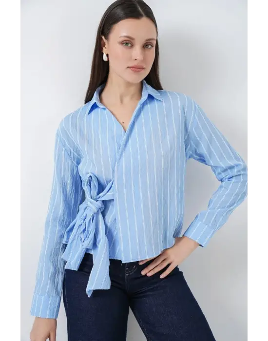 Önü Bağlamalı Çizgili Gömlek 20362 - Mavi