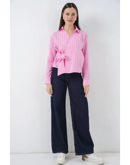 Önü Bağlamalı Çizgili Gömlek 20362 - Pembe