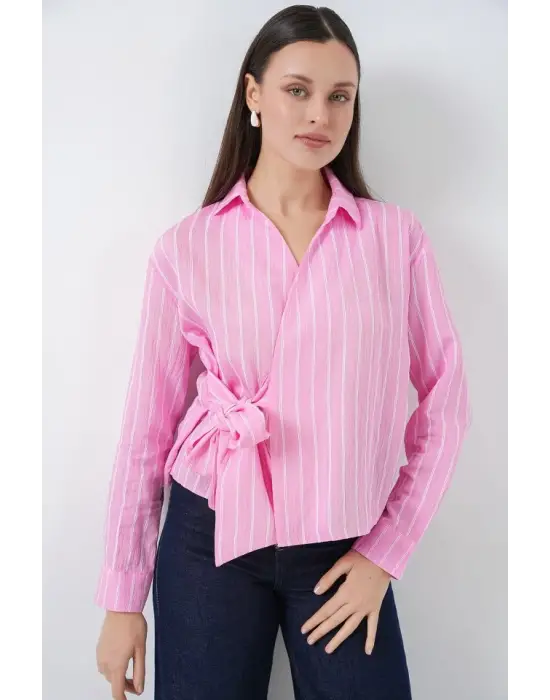 Önü Bağlamalı Çizgili Gömlek 20362 - Pembe