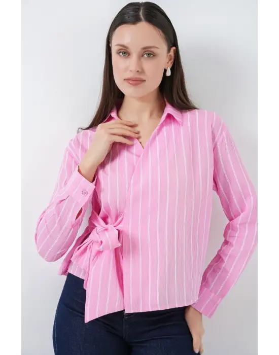 Önü Bağlamalı Çizgili Gömlek 20362 - Pembe