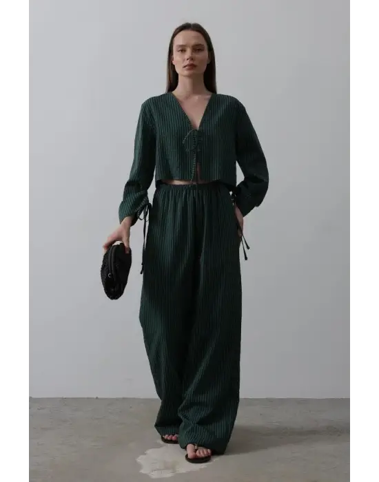 Önü Bağlamalı Crop Takım - Yeşil