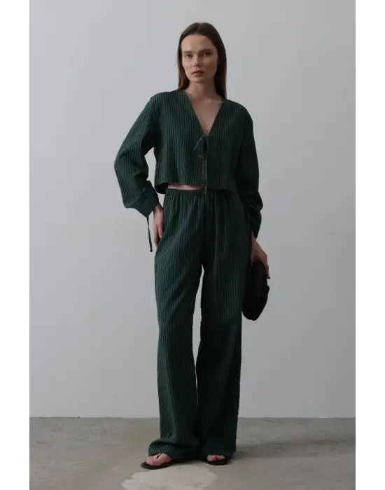 Önü Bağlamalı Crop Takım - Yeşil