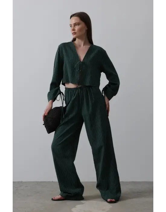 Önü Bağlamalı Crop Takım - Yeşil