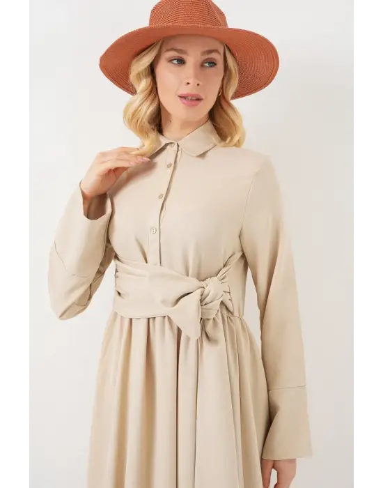 Önü Bağlamalı Keten Elbise 2574 - Bej