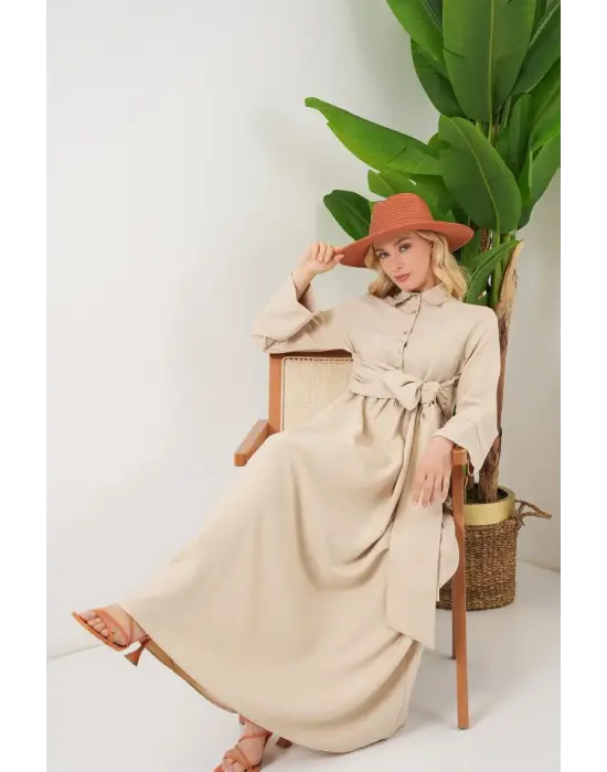 Önü Bağlamalı Keten Elbise 2574 - Bej