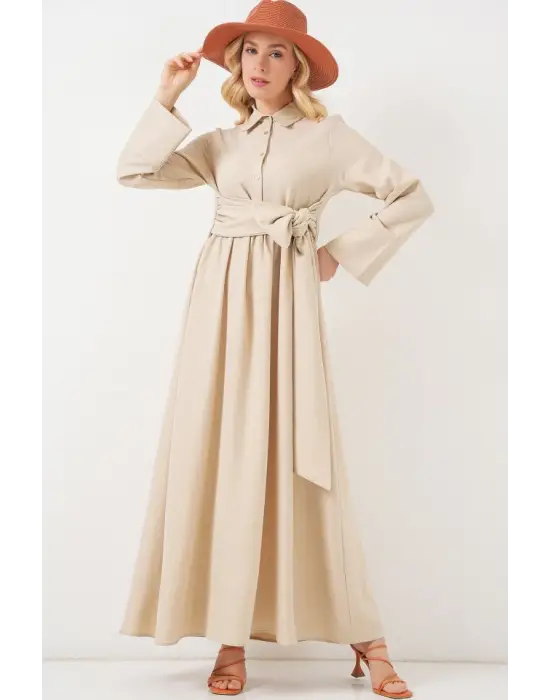 Önü Bağlamalı Keten Elbise 2574 - Bej
