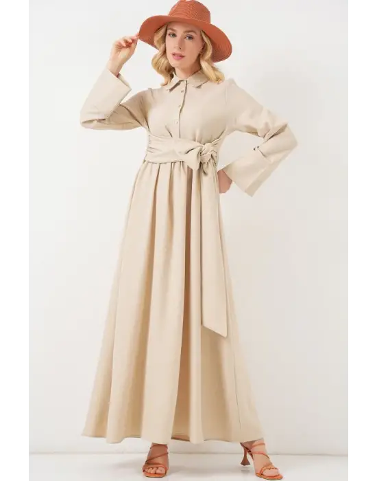Önü Bağlamalı Keten Elbise 2574 - Bej
