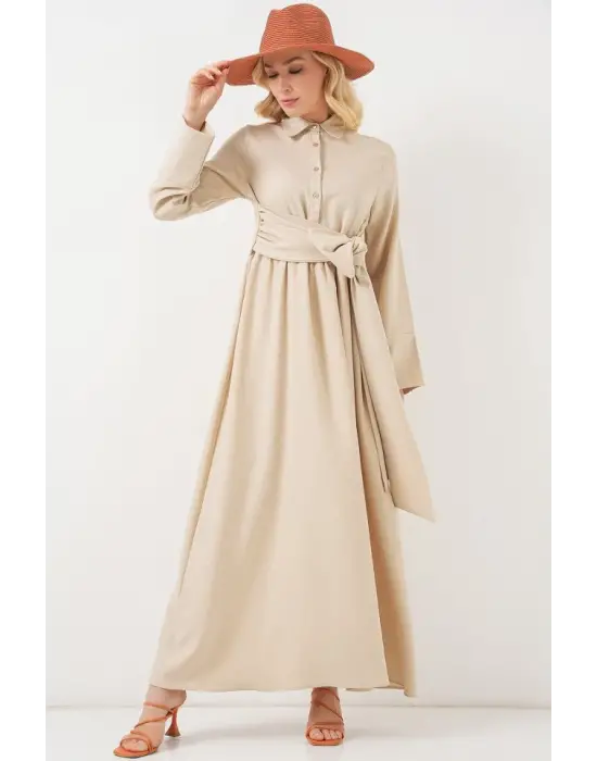 Önü Bağlamalı Keten Elbise 2574 - Bej