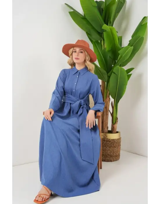 Önü Bağlamalı Keten Elbise 2574 - İndigo