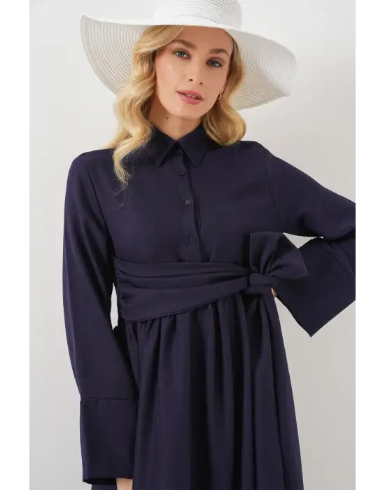 Önü Bağlamalı Keten Elbise 2574 - Lacivert