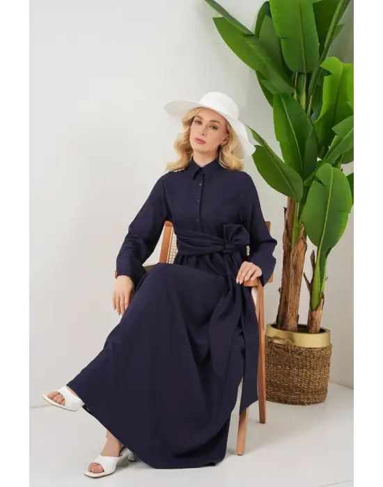 Önü Bağlamalı Keten Elbise 2574 - Lacivert