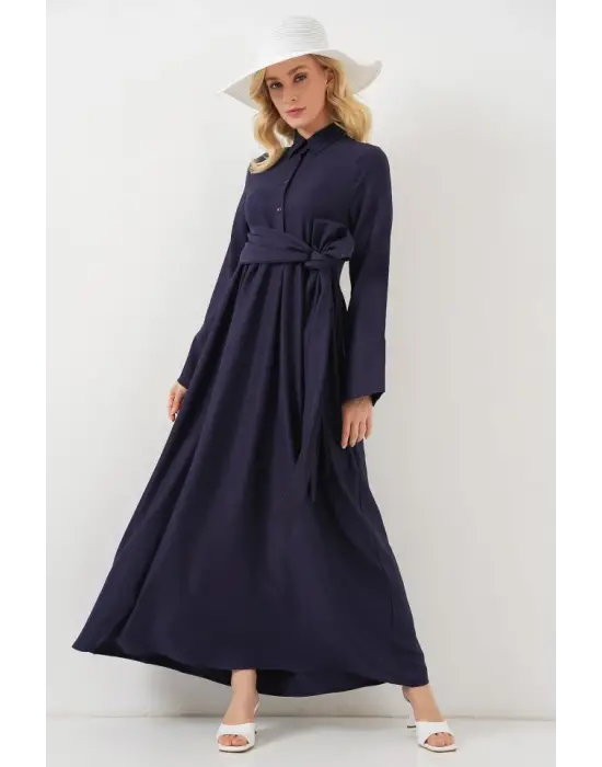 Önü Bağlamalı Keten Elbise 2574 - Lacivert