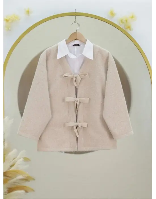 Önü Bağlamalı Kırçıllı Kaşe Ceket -Bej