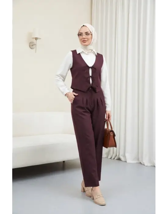 Önü Bağlamalı Yelek Pantolon İkili Takım    -K. Bordo