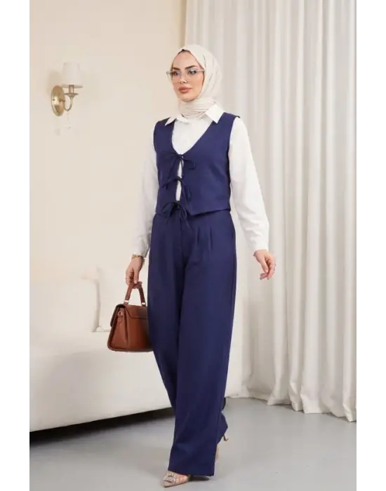 Önü Bağlamalı Yelek Pantolon İkili Takım    -Lacivert