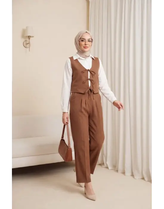 Önü Bağlamalı Yelek Pantolon İkili Takım    -Taba