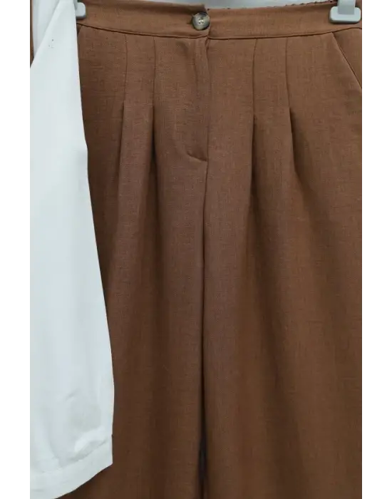 Önü Bağlamalı Yelek Pantolon İkili Takım    -Taba