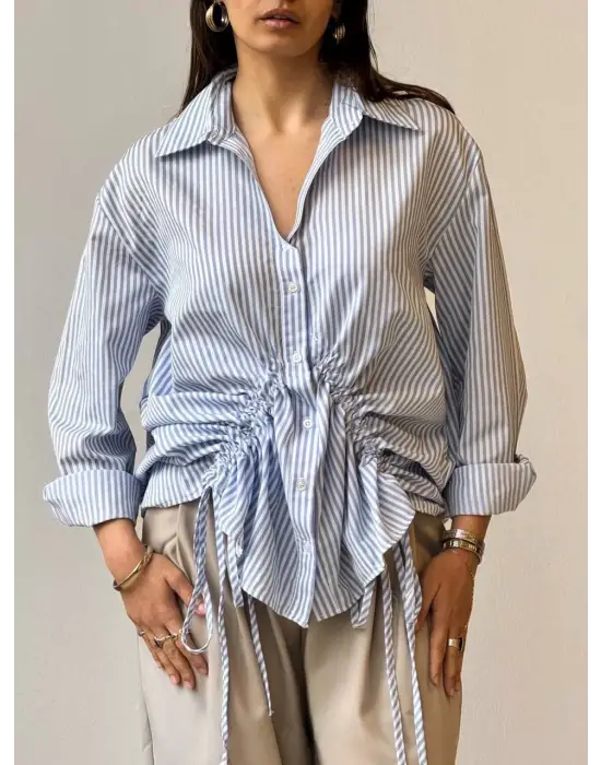 Önü büzgü detaylı çizgili gömlek