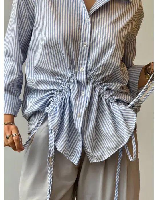 Omarı Büzgü Detaylı Çizgili Gömlek