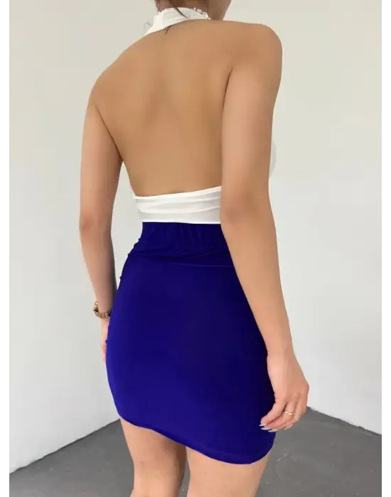 Omarı Büzgülü Sandy Mini Etek - Saks