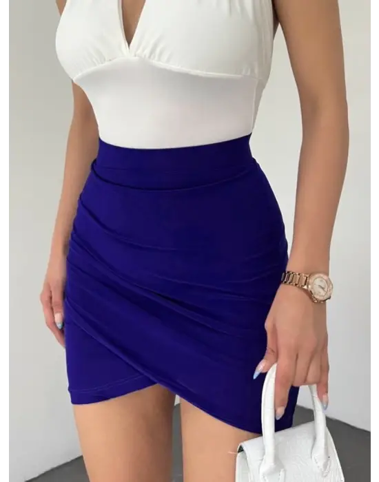 Omarı Büzgülü Sandy Mini Etek - Saks