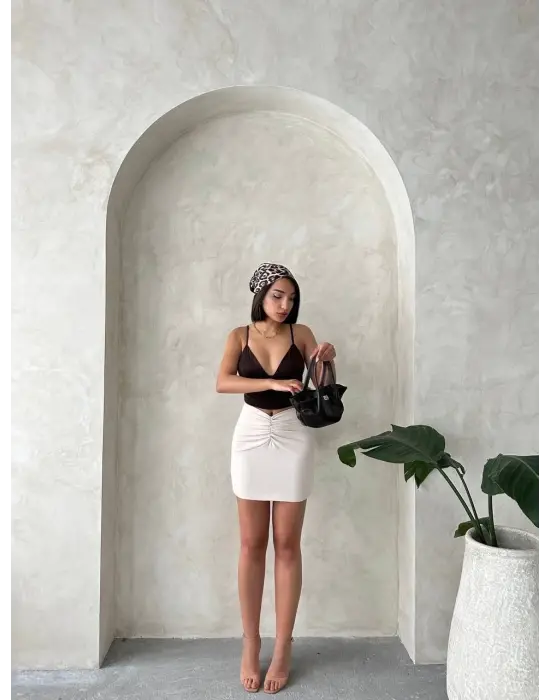 Önü büzgülü etek bej s24222