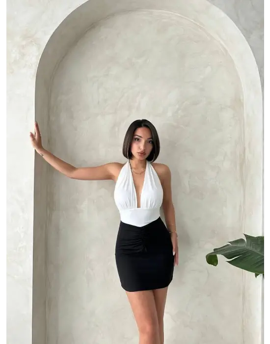 Önü büzgülü etek siyah s24222