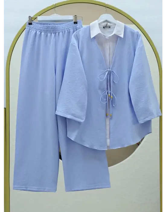 Omarı Çift Bağlamalı Kimono Takım - Mavi