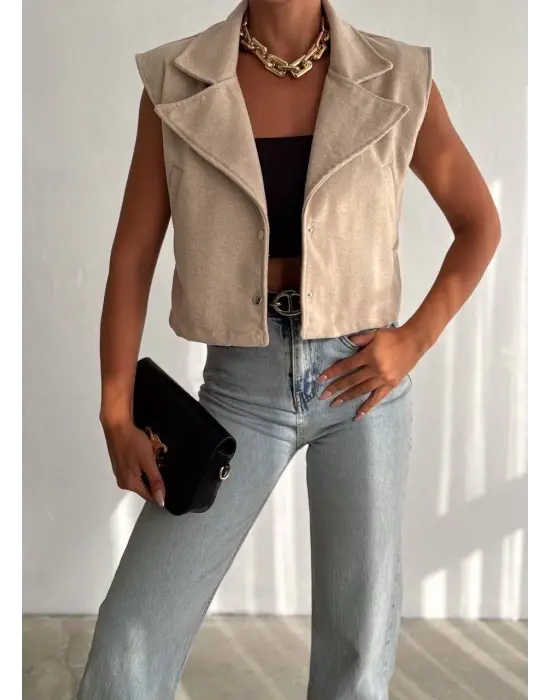 Önü çıtçıtlı cepli kaşe yelek bej f2253