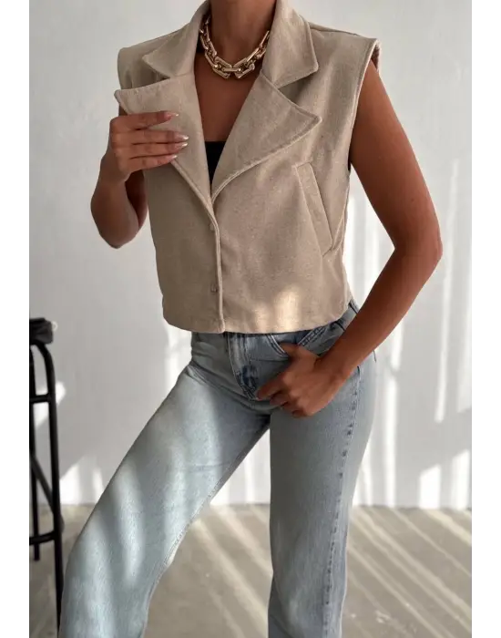 Önü çıtçıtlı cepli kaşe yelek bej f2253