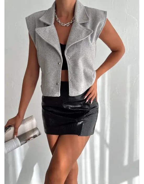 Önü çıtçıtlı cepli kaşe yelek gri f2253