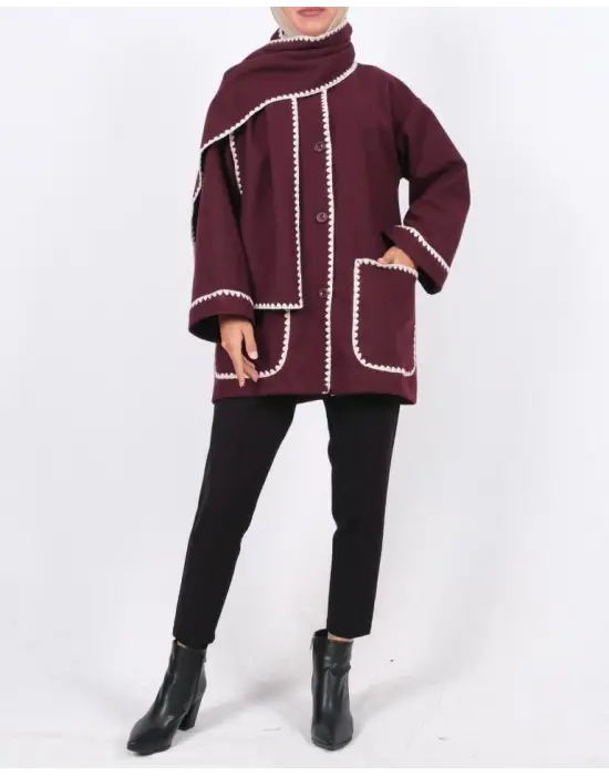 Önü Düğmeli Atkılı Cepli Ceket  -Bordo
