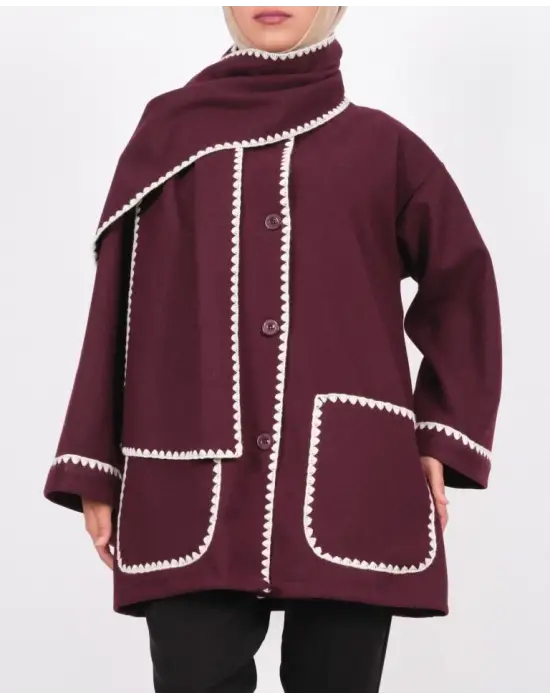 Önü Düğmeli Atkılı Cepli Ceket  -Bordo