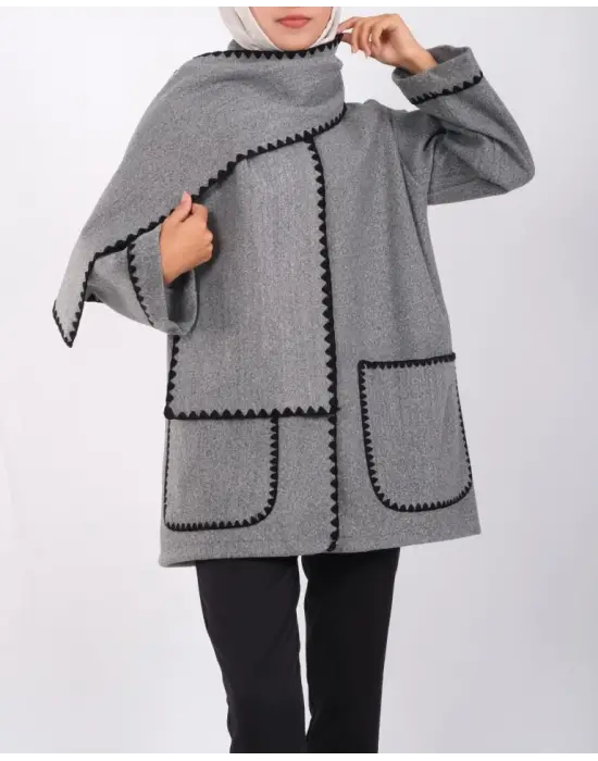 Önü Düğmeli Atkılı Cepli Ceket  -Gri