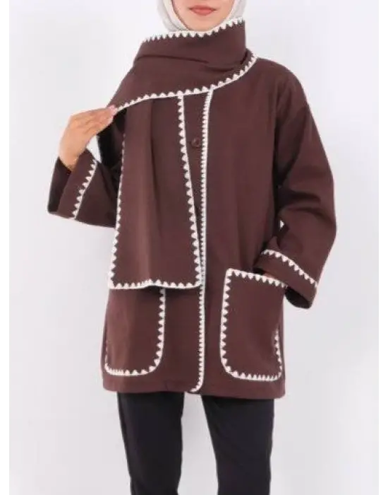 Kahve Düğmeli Atkılı Cepli Ceket