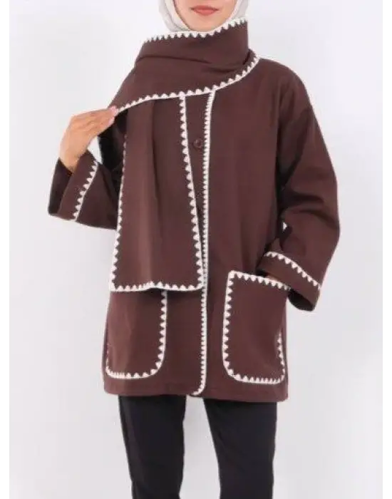 Önü Düğmeli Atkılı Cepli Ceket -Kahve