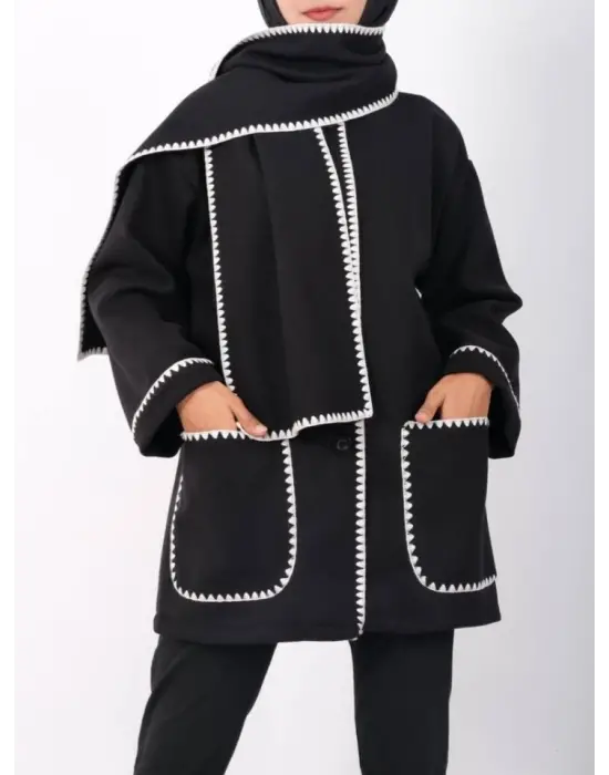 Önü Düğmeli Atkılı Cepli Ceket -Siyah