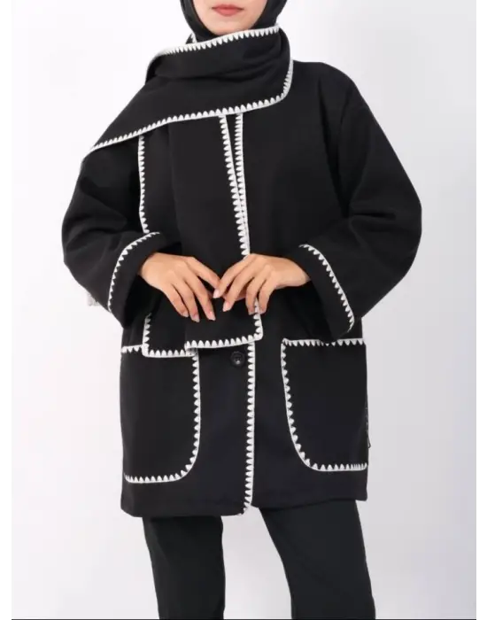 Önü Düğmeli Atkılı Cepli Ceket -Siyah