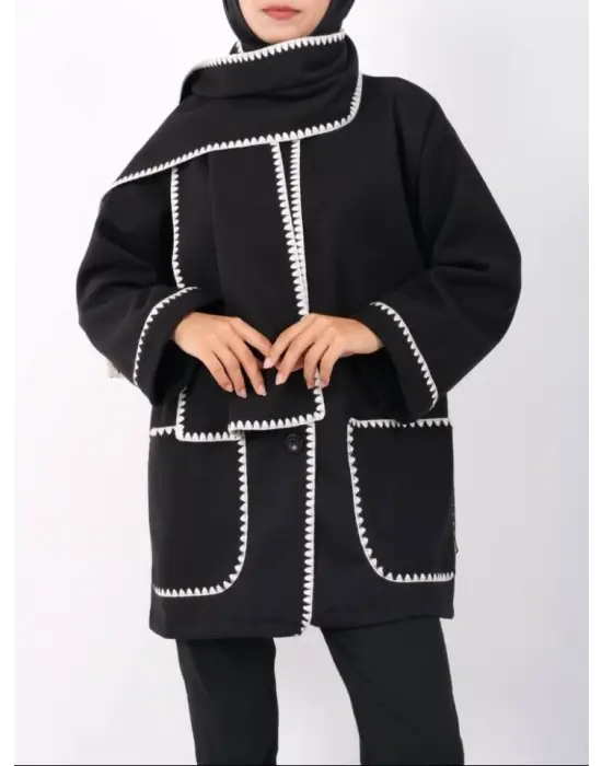 Önü Düğmeli Atkılı Cepli Ceket -Siyah