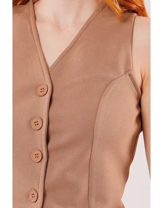 Modern Camel Önü Düğmeli Yelek