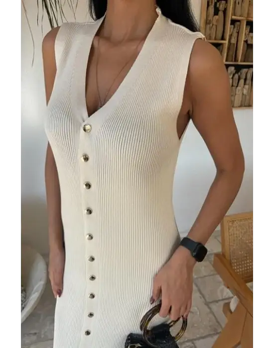 Omarı Fitilli Kolsuz Elbise - Önü Düğmeli Şıklık