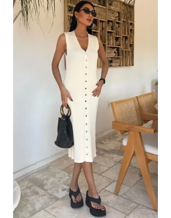 Omarı Fitilli Kolsuz Elbise - Önü Düğmeli Şıklık