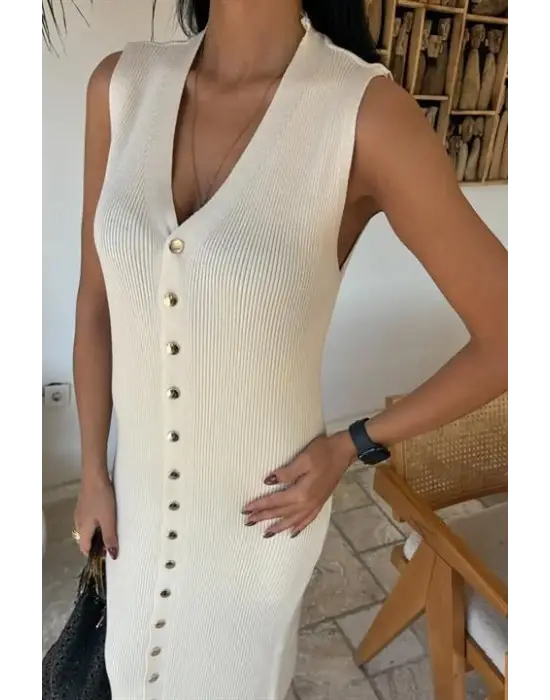 Omarı Fitilli Kolsuz Elbise - Önü Düğmeli Şıklık