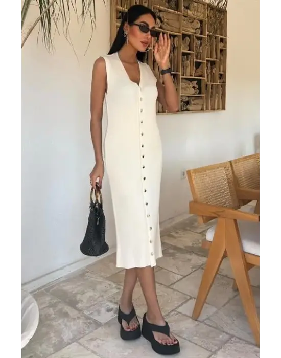 Omarı Fitilli Kolsuz Elbise - Önü Düğmeli Şıklık