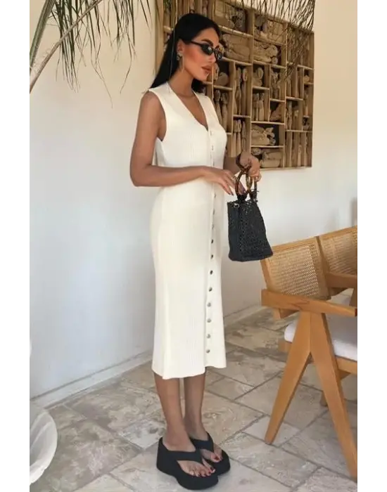 Omarı Fitilli Kolsuz Elbise - Önü Düğmeli Şıklık