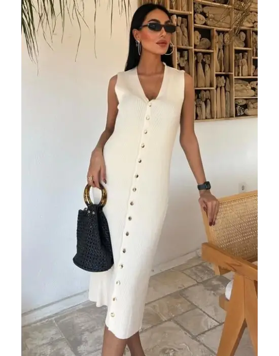 Omarı Fitilli Kolsuz Elbise - Önü Düğmeli Şıklık